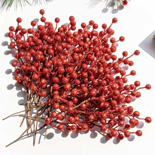 VioletEverGarden 32 Pack Glitter Christmas Picks 6.5 Inch Christmas Berry Stems Red Artificial Berry Stems for Holiday Xmas Tree Home Decorations