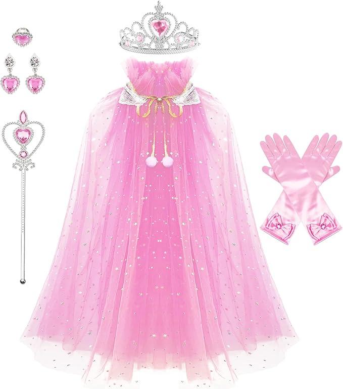 AHLPO Princess Cape Set 5 Pieces Girls Princess Cloak, Kids Fairy Tulle Princess Dress Up Clothes Cape for Toddler Girls 3-8 Birthday Party Halloween Dressing Up with Crown Wand Accessories, M