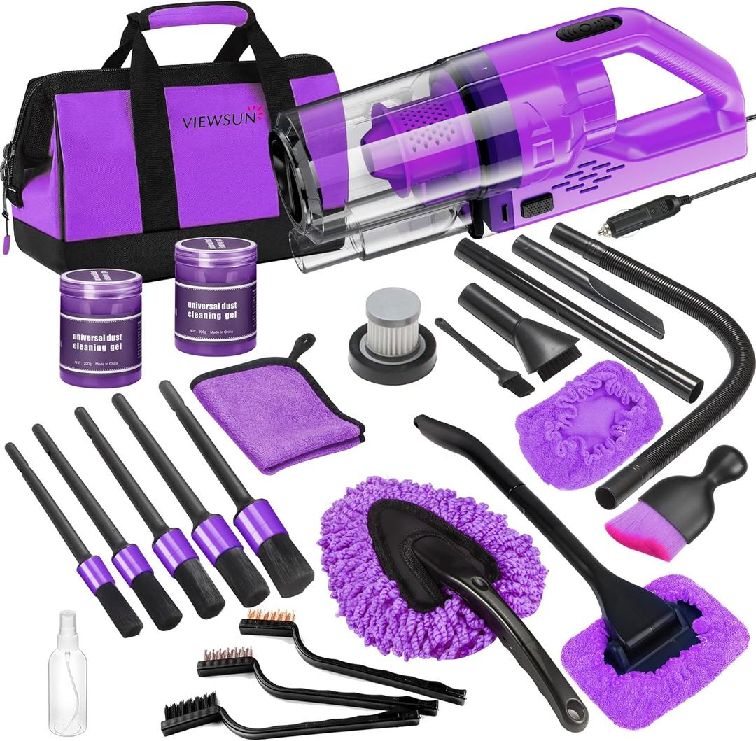 Viewsun 17PCS Car Cleaning Kit, Purple Car Interior Detailing Kit with High Power Handheld Vacuum, Detailing Brush Set, Windshield Cleaner, Cleaning Gel, Complete Auto Accessories for Women Gift