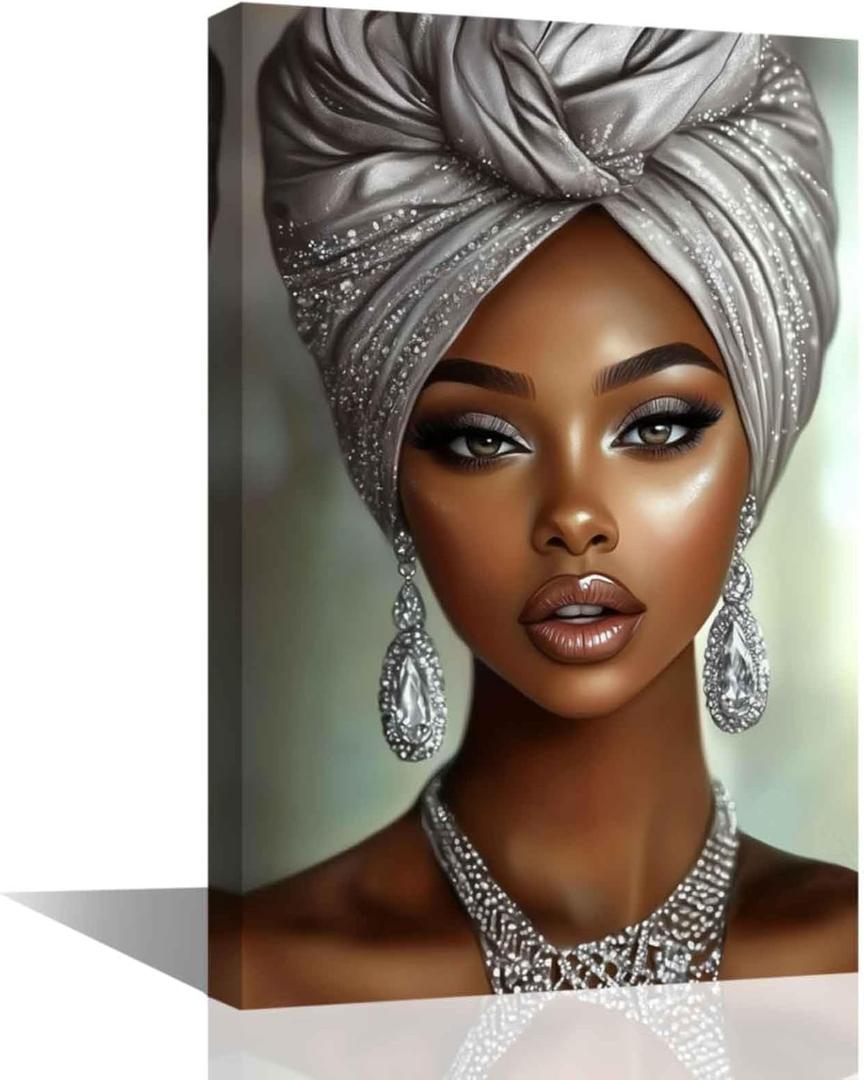 XLMDYYSW African American Wall Art Black Woman Portrait Canvas Print Girl Wearing Silver Headdress Picture Elegant Female Painting for Bedroom Home Framed (Silver, 16.00" x 24.00")