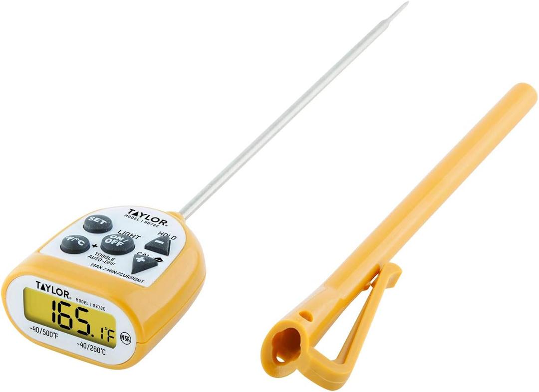Taylor Compact Waterproof Digital Food Thermometer, 4.5 Inch Stem Length with an FDA Recommended 1.5mm Stepdown Probe Diameter and Amber Backlit LCD, HOLD, Min/Max; NSF, Yellow