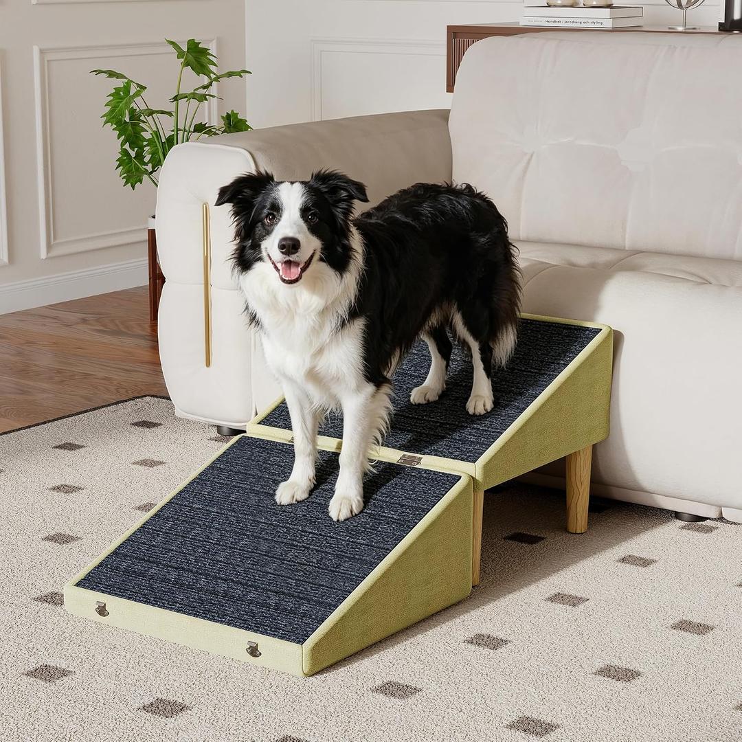 3-in-1 Dog Ramp Pet Stairs 18.5"x18.3"x18.1" with Hidden Storage Ottoman, Anti-Slip Steps for Small, Medium, Large, Senior & Injured Pets, 220LBS for Bed & Sofa (Green)