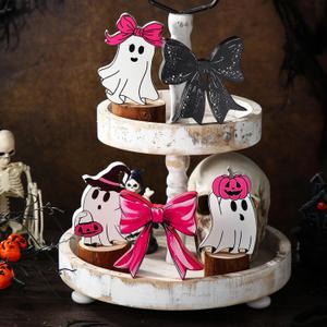 2 x 5 Pcs Pink Black Halloween Table Decor, 5 Styles Cute Wooden Ghosts and Bows Halloween Decorations Indoor, Funny Ghost Tabletop Centerpieces Tiered Tray Decor Signs for Home Office Room