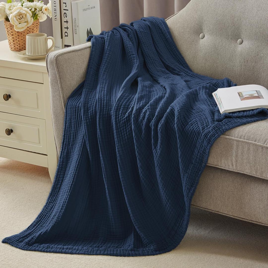 ACCOTIA 6 Layer 100% Cotton Muslin Blanket Twin Size, Lightweight Breathable Cozy Throw Blankets for Couch Sofa Bed Summer Soft Gauze Fall Blanket 55"x 75", Navy