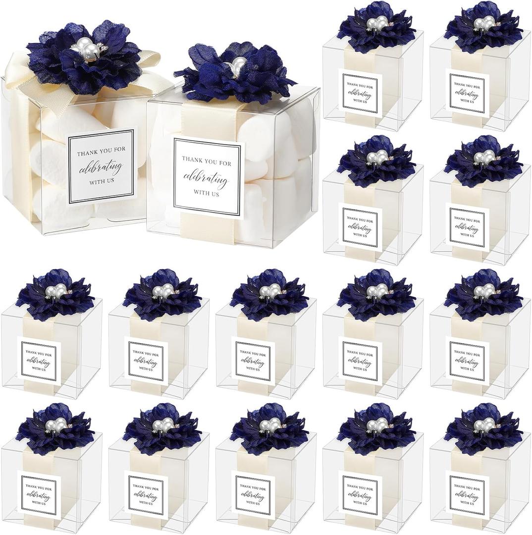 Wenqik 20 Pack Clear Wedding Favor Boxes with Navy Blue Pearl Flowers, Ribbon and Thank You Stickers, Elegant Plastic Candy Gift Boxes for Bridal Shower, Baby Shower, Birthday Wedding Supplies