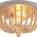Q&S Boho Chandelier Wood Beaded Flush Mount Ceiling Light Fixtures for Nursery Baby Bedroom Kitchen Hallway,Oak White Finish,2-Lights