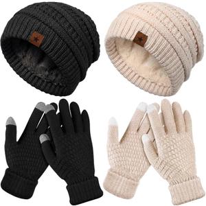 4 Pcs Winter Hat and Gloves for Women Fleece Lined Knit Beanie Touchscreen Gloves Warm Skull Hat Set for Cold Weather(Black, Beige)