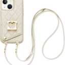 JLFCH ROMIELA Crossbody case for iPhone 15 with Stand Card Holder Strap Lanyard 360°Rotation Finger Ring Kickstand for Apple iPhone 15, 6.1 inch - Beige