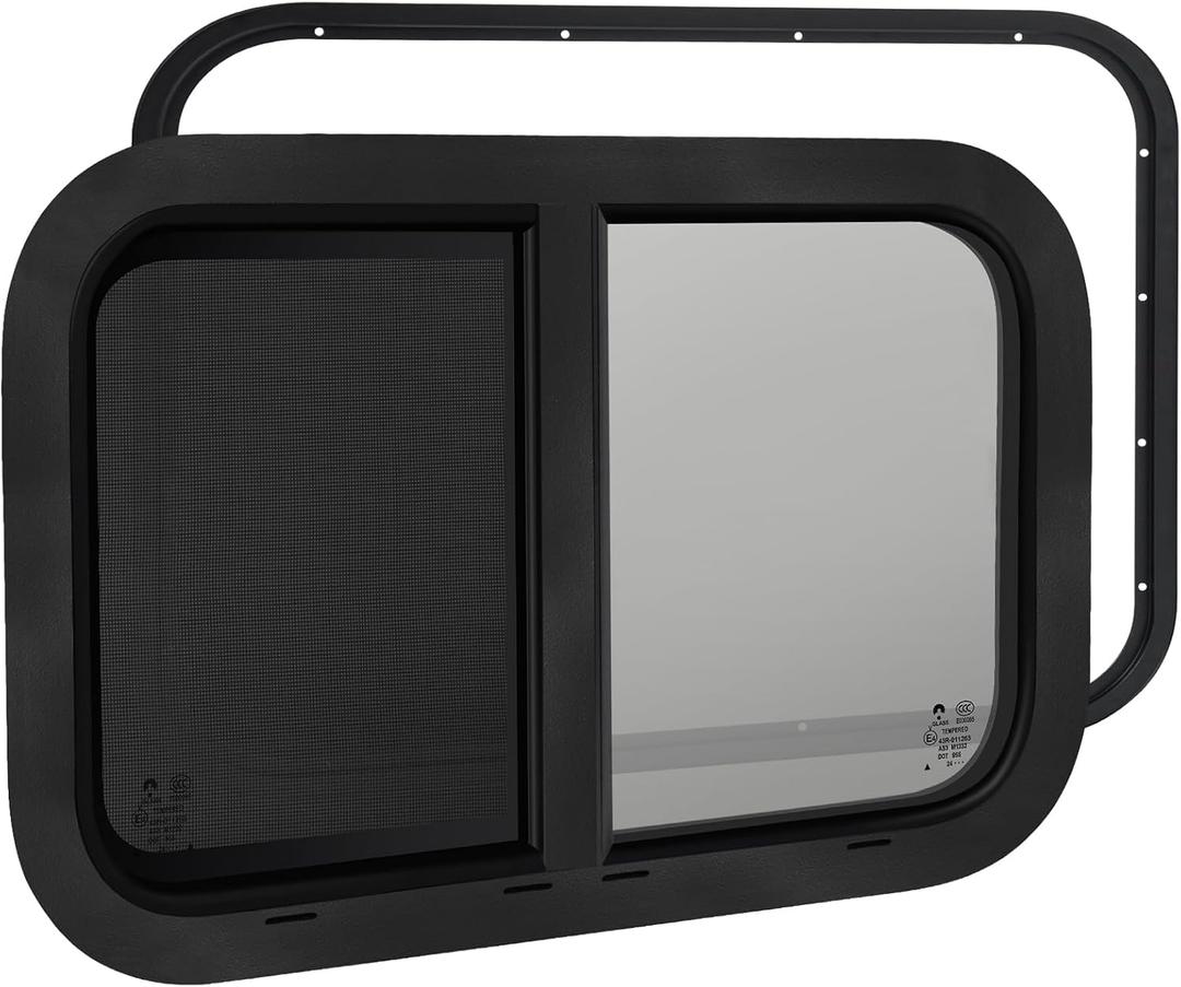 NOVINO Cargo Trailer Windows,18" Wx15 H RV Windows for Cargo Trailer/Camper/Travel Trailer with Trim Ring,Horizontal Sliding Replacement Fit 15/16" or 1-3/8" Thick Wall,Allow Error 1/16,DOT Approved