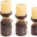 Farmhouse Wooden Candle Holders for Pillar Candles, Brown Distressed Set of 3 Rustic Wood Pillar Wood Candle Stands with Hemp Rope Bow Table Centerpiece Decor for Fireplace, Living, and Dining Room (Break White)