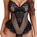 Avidlove Sexy Lingerie for Women Lace Teddy Lingerie One Piece Bodysuit Deep V Babydoll Nightgown (Black, M)