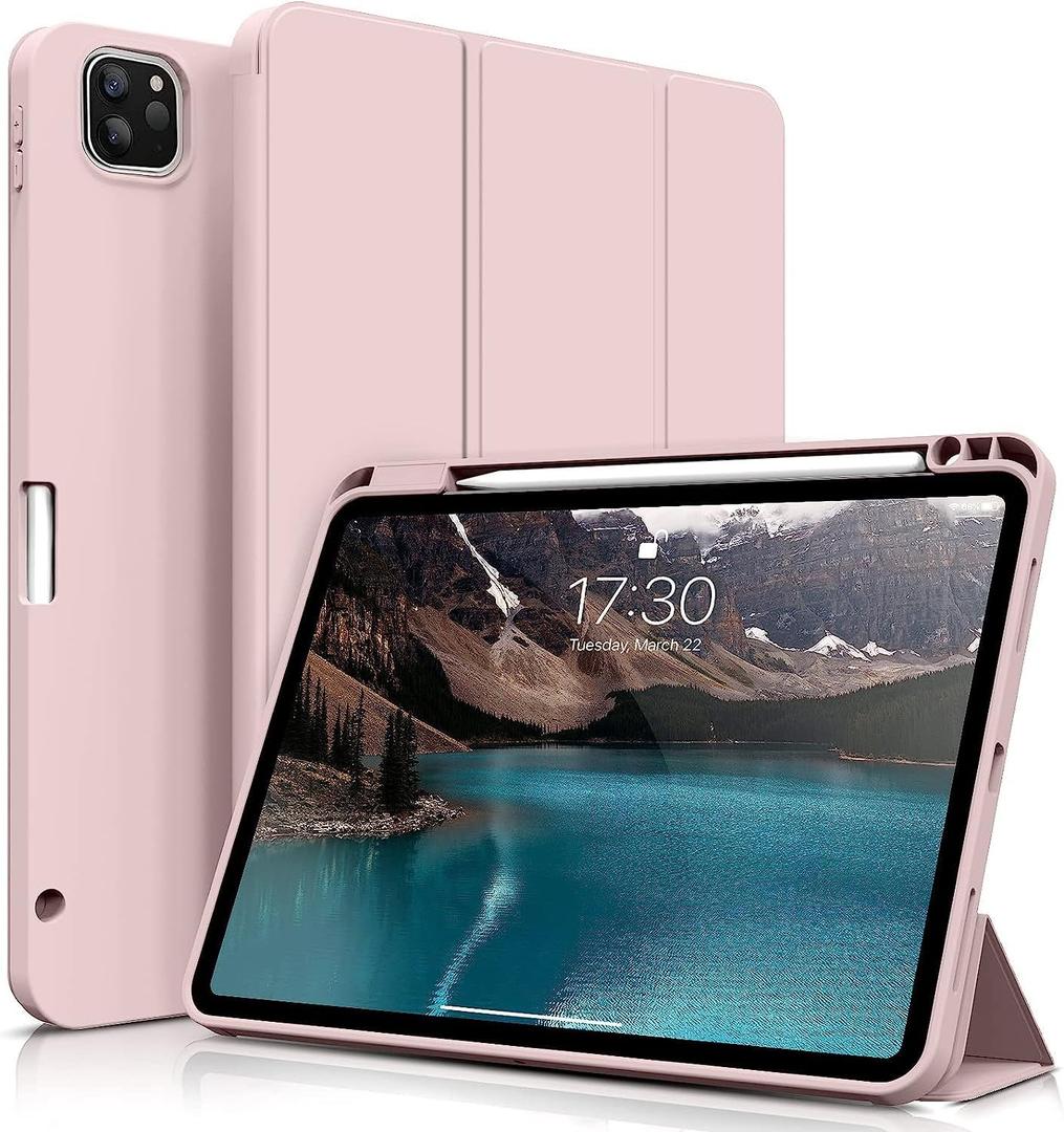 KENKE for iPad Pro 11 Inch Case 4th/3rd/2nd Generation 2022/2021/2020 Magnetic Attachment 2nd Pencil with Right Side Pencil Holder Soft Slim PU Cover Auto Wake/Sleep (Pink)