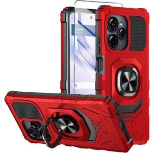 for BLU View Speed Ultra 5G Phone Case with Tempered Glass Screen Protector,Dual Layer Shockproof Protection Cover,with Ring Kickstand (Red)
