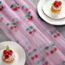 8 Pcs 29 X 70 Inch Cherry Shiny Glitter Tulle Table Runner Pink Sheer Lace Tablecloth for Party Decorations Shortcake Birthday Wedding Bridal Shower Party Home Kitchen Table Decor