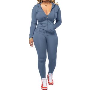 PINSV Women Two Piece Outfits Workout Sets Bodycon Tracksuit Long Sleeve Zip Up Hoodie Jacket Jogger Matching Sweat Pants Set (XX-Large, Grey Blue)