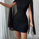 Women's Sexy Glitter Mini Dress Mock Neck Cloak Sleeve Cocktail Shimmering Elegant Dresses Wedding Guest Party Evening (XXL)