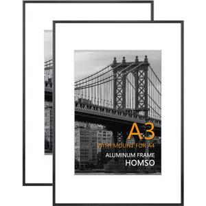 Homso A3 Picture Frame in Black 2 Packs, Metal Thin Board A3 Frame with Acrylic Plexiglass for Pictures A4 with Mat or 11.7 x 16.5 without Mat for Horizontal and Vertical