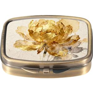 Dynippy Pill Case Pill Box with Mirror Retro Pocket 2 Compartment Medicine Case Vitamin Pill Organizer for Pocket Purse and Travel (A-Golden Flower)