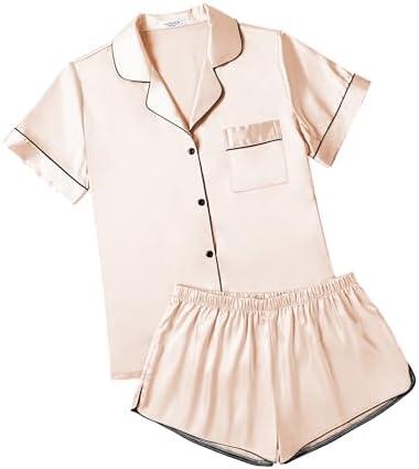 Ekouaer Womens Silk Satin Pajamas Short Sleeve Sleepwear Soft Button Down Loungewear 2 Piece PJS Shorts Set, Size S