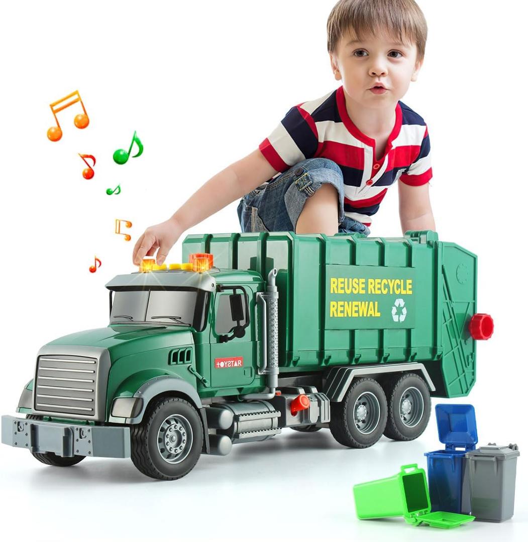 15" Large Garbage Truck Toy,Friction Powered Waste Management Garbage Truck with Lights and Sounds,3 Trash Cans, for Kids 3-5
