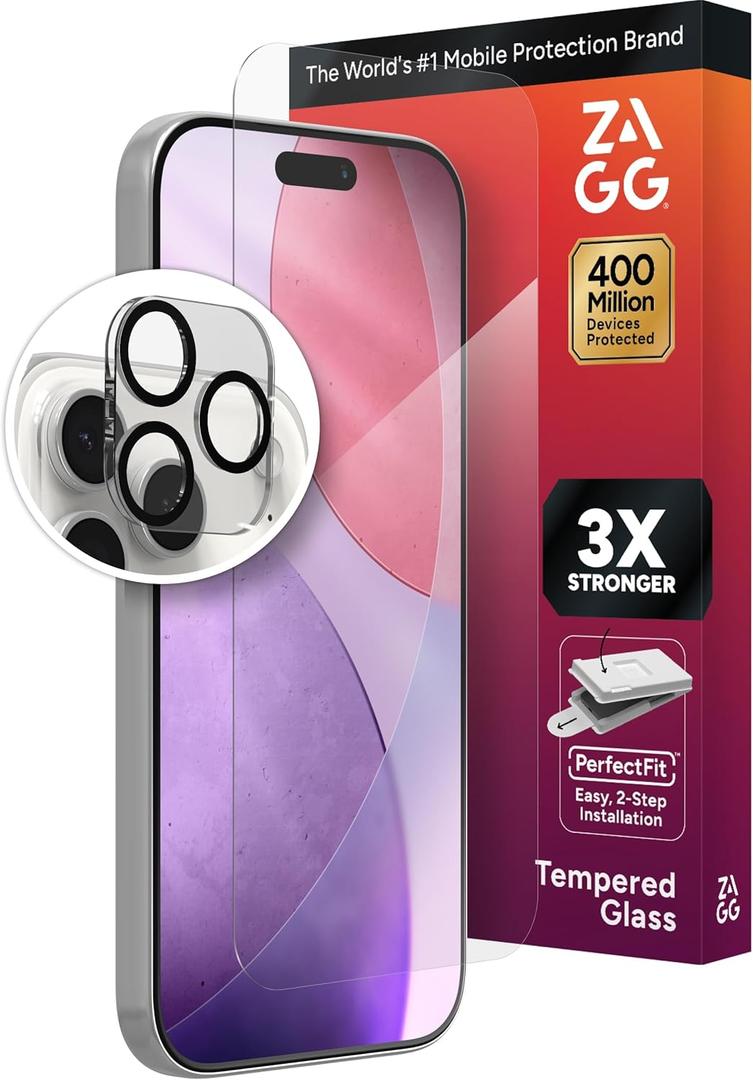 ZAGG Glass+ Screen & Camera Lens Protection for iPhone 17 Pro - Impact & Shatter Protection, Full Coverage Scratch & Smudge-Resistant Tempered Glass, Anti-Reflective Camera Lens Protector