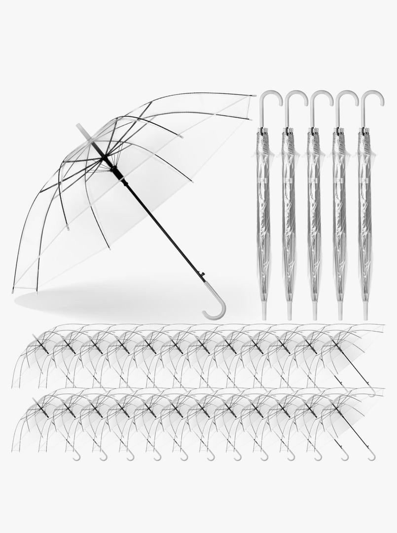 Reginary 25 Pieces Wedding Umbrellas Bulk Auto Open Stick Umbrellas with White European J Hook Handle Windproof Large Canopy Umbrella for Outdoor Wedding Bride Groom Photography Golf