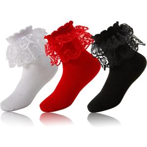 3 Pairs Toddler Girls Ruffle Socks,Cute Frilly Lace Cotton Black White Red School Dress Socks for Girl 1-10 Years (Large)