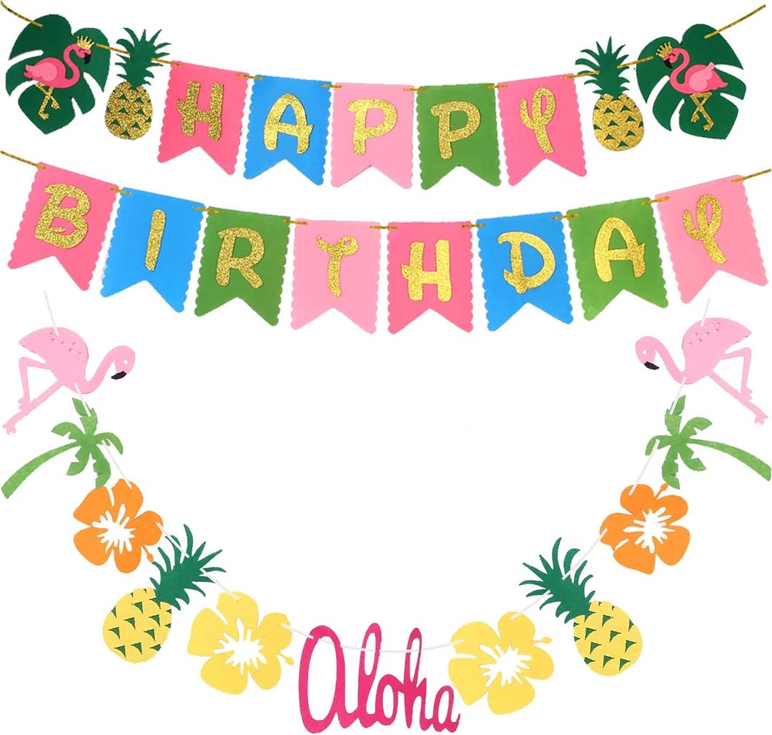Hawaiian Party Decoration |Luau Party Supplies| Hawaiian Tropical Banner, Flamingo Garland for Pool Birthday Supplies(set of 2), Tropical Birthday Banner for Beach Moana Baby Shower Decorations