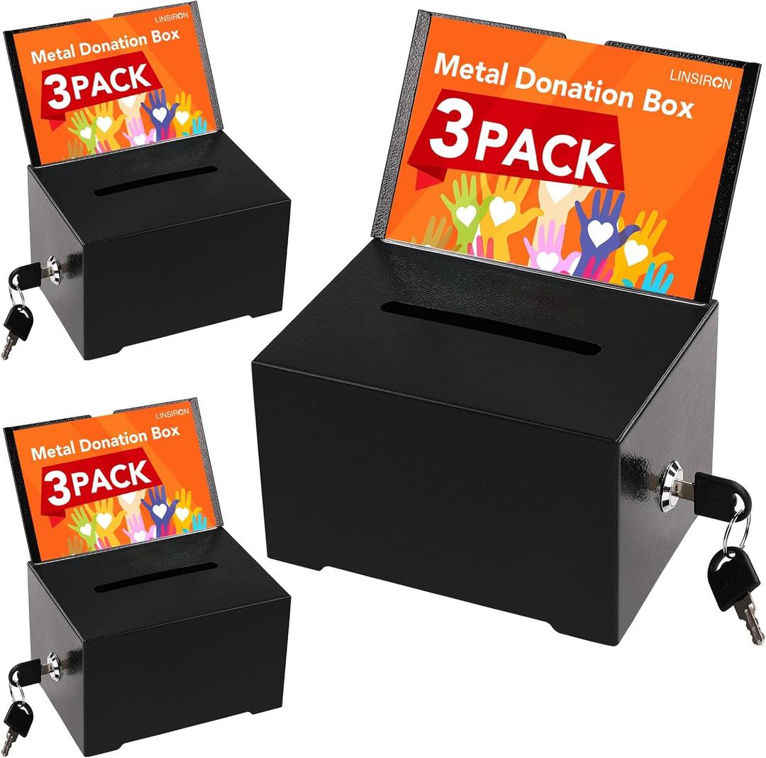Suggestion Box with Slot and Lock, 3 Pack Metal Donation Box for Fundraising with Lock & Sign Holder, Black Tip Jar for Office, Fundraising, Church, School