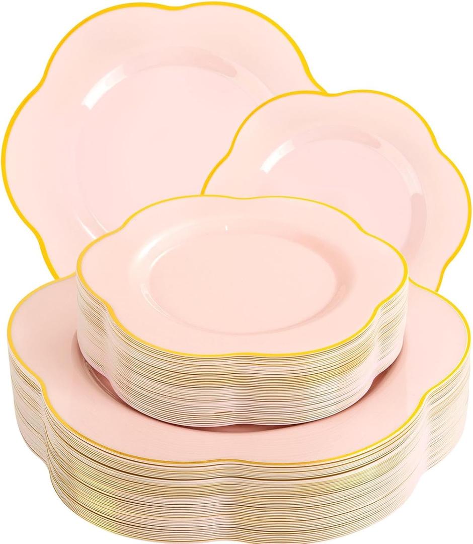 Liacere 50PCS Pink Plastic Plates - Heavy Duty Pink Disposable Plates - Pink and Gold Plastic Plates Include 25PCS Pink Dinner Plates,25PCS Pink Dessert Plates for Mother's Day& Baby Shower Gifts (Pink Gold)