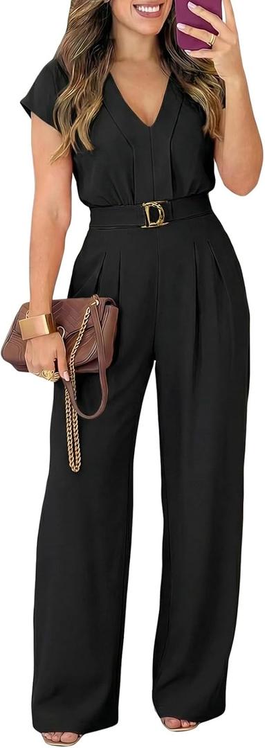 Pink Queen Jumpsuits for Women Dressy V Neck Short Sleeve Wide Leg Rompers Business Casual One Piece Outfits (Black, XL)