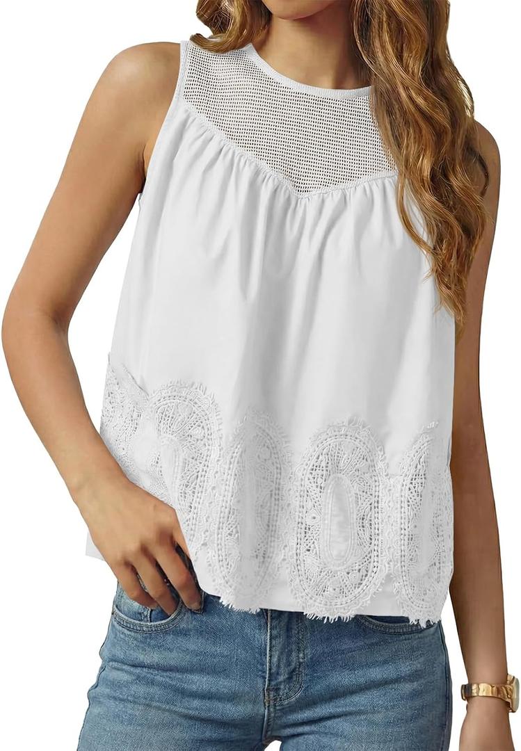 Tankaneo Womens Lace Tank Tops Summer Casual Mesh Loose Fit Sleeveless Blouses Pleated Crew Neck Tees Shirts