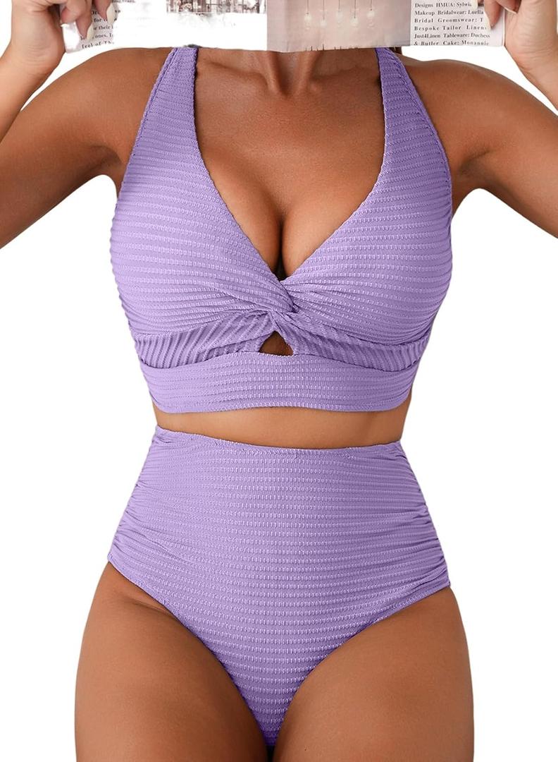 Herseas Women's Textured Bikini Sets Twist Front Top Swimsuits High Waisted Bathing Suits (Purple, M)