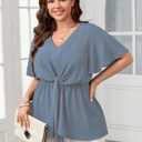 SCOMCHIC 2024 Women's Plus Size Peplum Tops Elegant V Neck Tie Front Bell Sleeve Flowy Blouses Shirts Grayish Blue 3XL