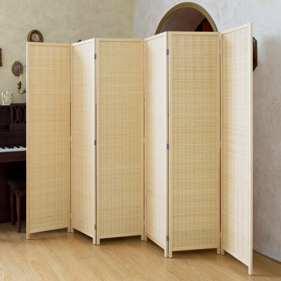 6 Panel Bamboo Room Divider - 5.6 ft Tall Natural Beige Folding Privacy Screen, Double-Sided Freestanding Partition Wall with Natural Wood Frame for Home Office & Corner Privacy