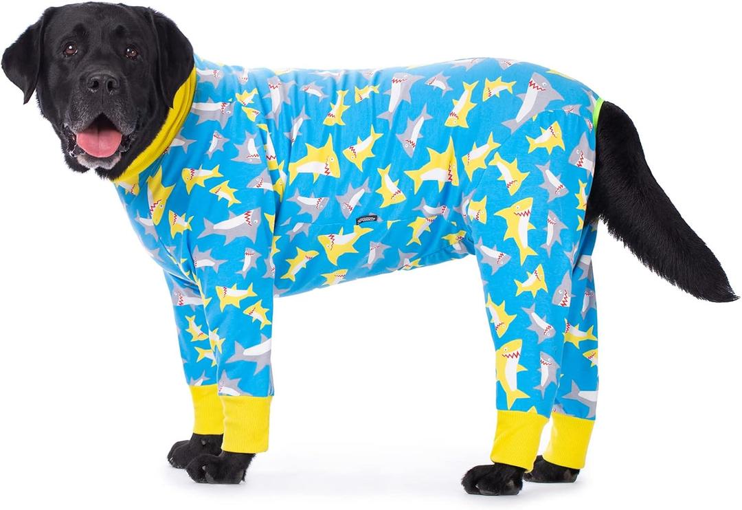Dog Pajamas Jumpsuit for Medium Large Dogs,Lightweight Dog Pjs Clothes Apparel Onesies,Shirt for Large Size Dogs After Surgery, Full Belly (30 (Chest 29.92 in | Backlength 19.69 in), Blue Dinosaur) (yellow shark)