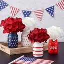 LemonRoad 4 Pcs 4th of July Party Decorations Patriotic Mason Jars Table Centerpiece 250 Anniversary Red White Blue USA Independence Day Table Toppers with Fake Flowers Utensil Holder Jars Gift