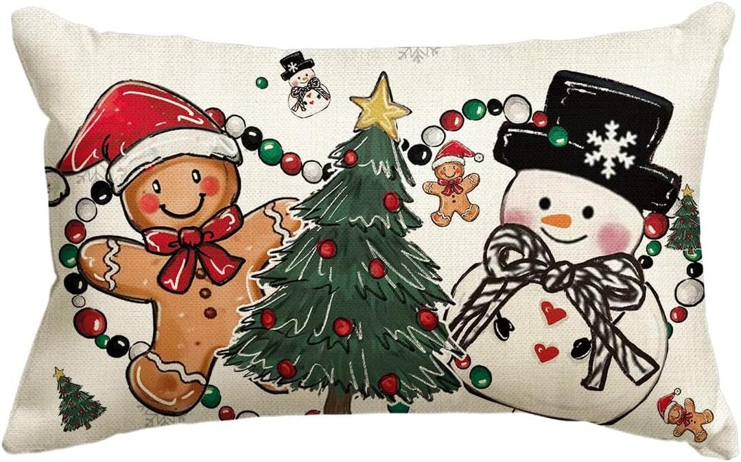 AVOIN colorlife Snowman Christmas Tree Gingerbread Man Throw Pillow Cover, 12 x 20 Inch Seasonal Winter Holiday Cushion Case Decoration for Sofa Couch (White)