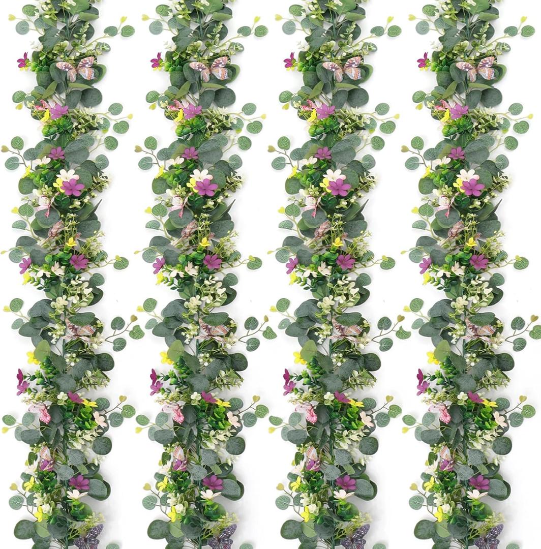 4 Pack 5.68 FT Artificial Daisy Garland with 3D Butterfly, Hanging Fake Flowers Greenery Eucalyptus Garland Floral Vines for Wedding Table Home Room Sping Decor