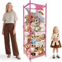 Stuffed Animal Storage Zoo with Wheels, Wooden Large Stuff Animals Plushies Holder Toy Organizer Kids Plush Storage Cage with Elastic Band and Net for Nursery Playroom Corner for Toddler (Hot Pink)