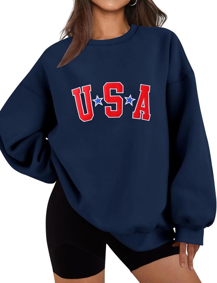 LOMON Oversized Sweatshirt for Women Crewneck Long Sleeve Casual Fleece Tops Graphic Hoodies Pullover Sweater (Blue, XL)
