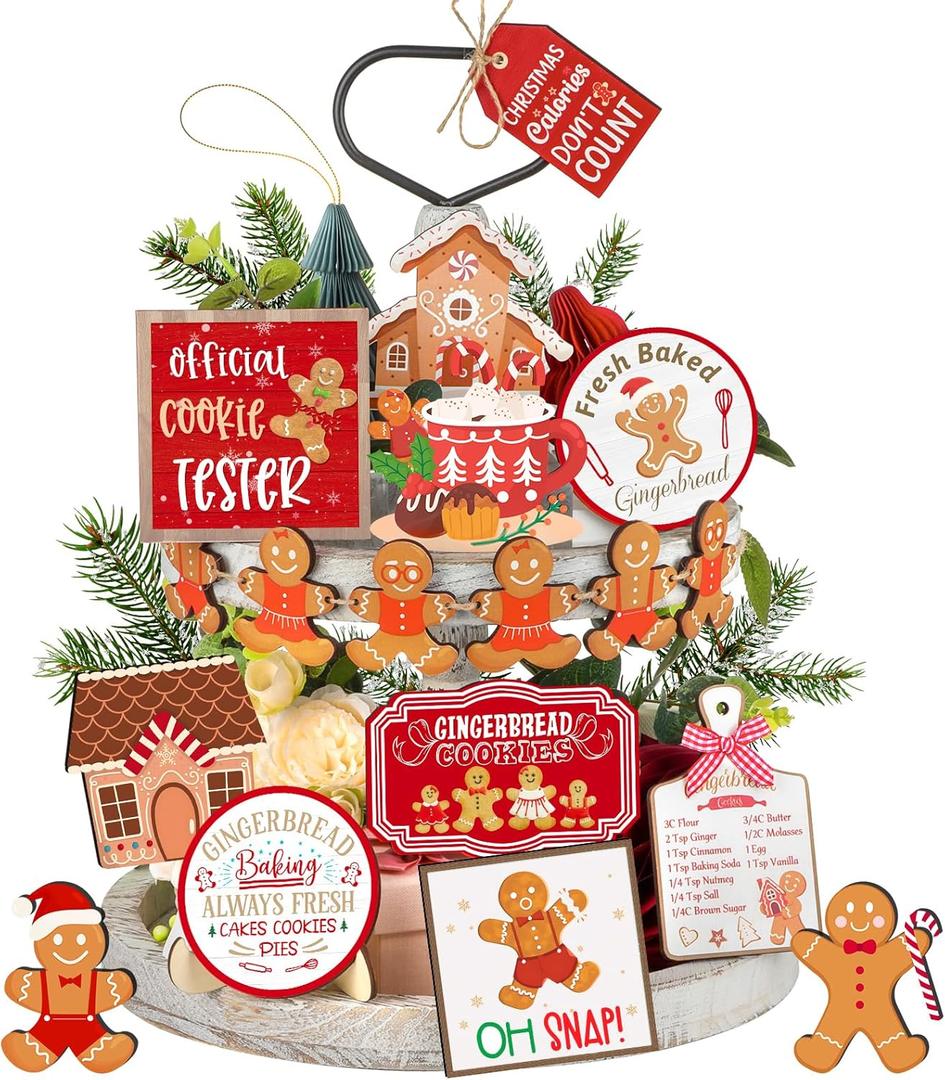 Draupnir 18 Pcs Christmas Tiered Tray Decor Set Winter Tiered Tray Gingerbread Christmas Decorations Farmhouse Tabletop Centerpiece Xmas Wooden 3D Sign Gingerbread Decor for Home Table