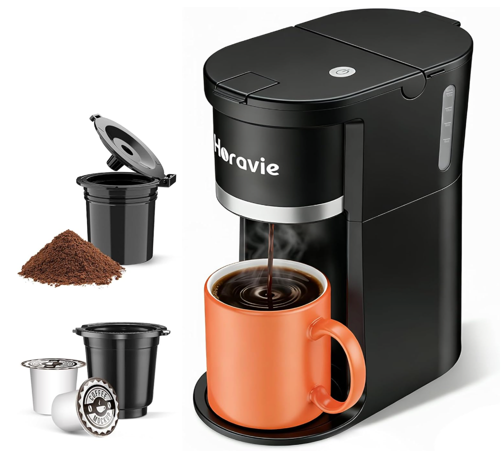 Horavie Small Single Serve Coffee Maker, Fast Brew One Cup Coffee Machine for K Cup and Grounds, 6 to 12 oz. Brew Sizes, Capsule Coffee Machine with Descaling Reminder and Viewing Tank, Black