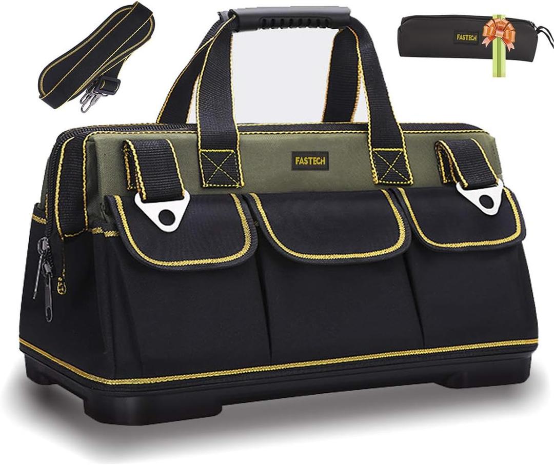 FASTECH 20-inch Wide Mouth Tool Bag with Water Proof Molded BaseWide Mouth Tool Tote Bag,Waterproof Tool Organizer Bag for Men with Adjustable Shoulder Strap (20 inch)