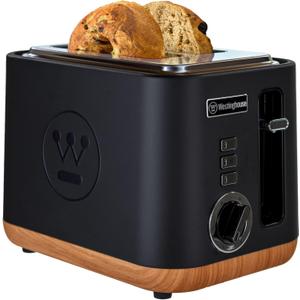 Westinghouse Scandinavian Design Toaster with Wide Slots, Removable Crumb Tray, 6 Browning Levels, and Cancel/Reheat/Defrost Options for Bread, Bagels, & Waffles Black with Wood Finish, 2-Slice