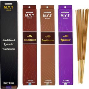M.Y.T Natural Incense Gift Set  Sandalwood, Lavender, Frankincense  Long-Lasting, Low Smoke  Relaxation, Meditation, Odor Removing  25g x 3 Packs