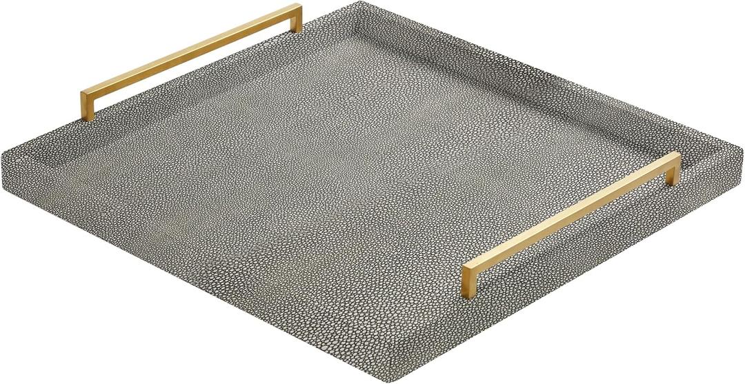24" Extra Large Grey Shagreen Ottoman Tray Functional Square Serving Tray Stylish Decorative Tray for Modern Home Living Room (Grey-Gold Handle, 24")
