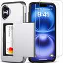 for iPhone 16 Wallet Case with Card Holder + 2 Tempered Glass Screen Protector Protective Dual Layer Shockproof Hidden Card Slot Slim Case Women Men iPhone 16 6.1 inch 2024Silver
