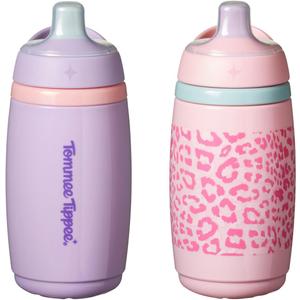 Tommee Tippee Active Spout Toddler Cups, 9 oz, Insulated Sippy Cups For Toddlers 1-3, Silicone Spout, Leak-Proof Valve and Handle, Pink and Purple, Pack of 2