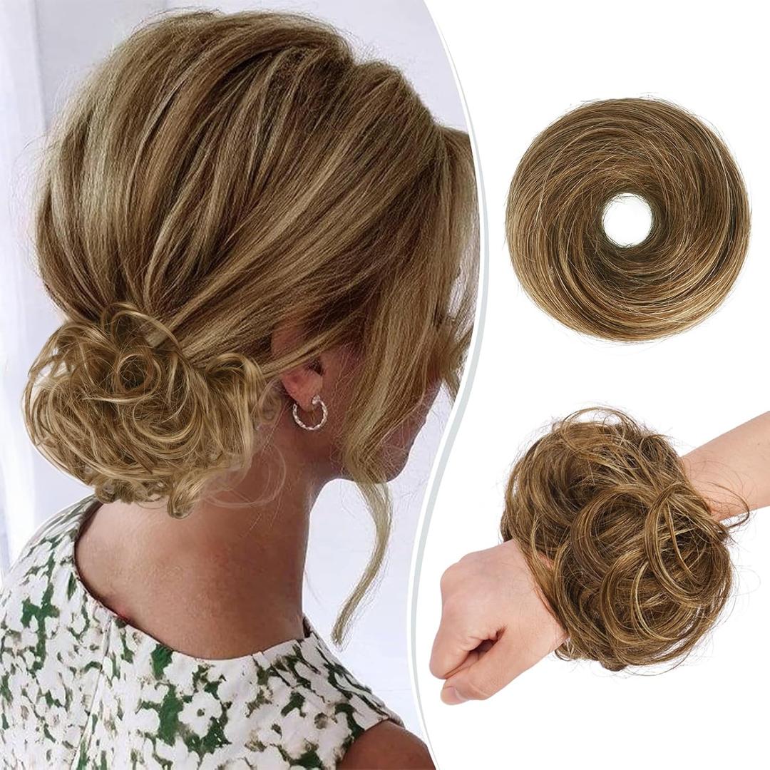 RUWISS Human Hair Bun Hair Piece Long Thin Straight Tousled Updo Bun Hair Pieces for Women Scrunchie Ponytail Extension 25g (Brown Mix Ultra-light Blonde)